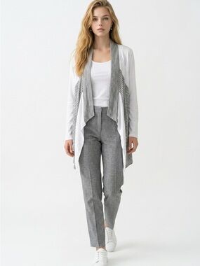 Revolve LA Made Womens Large Cardigan Duster White Gray Open Waterfall Front NWT